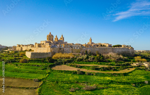 Mdina city - old capital of Malta. Aerial nature landscape  sunny day  blue sly  winter  a lot of green grass. Maltese islands
