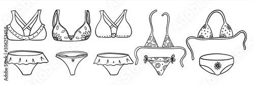 Set of elements of women's underwear, bras, panties and swimwear. Black and white vector illustration in Doodle style. The objects are hand drawn and isolated on a white background. Women's beachwear.