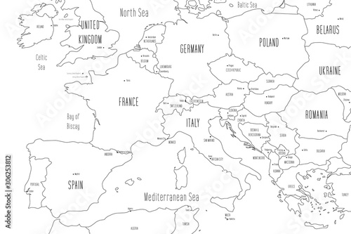 Map of Southern part of Europe. Handdrawn doodle style. Vector illustration