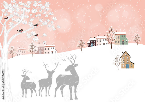 Vector Cute winter landscape with rein deers family standing under the tree, snow covered house and birds standing on branches tree. Minimal flat design for Holiday background