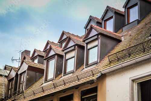 Top floors with windows, Germany, town Furth. House type 'Fachwerk'.