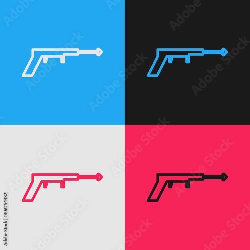 Color line Fishing harpoon icon isolated on color background. Fishery manufacturers for catching fish under water. Diving underwater equipment. Vintage style drawing. Vector Illustration