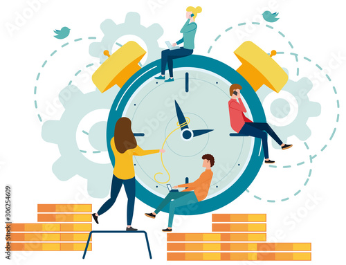 Vector illustration, the alarm clock is ringing on a white background, the concept of working time management, quick response to awakening, transfer of time back