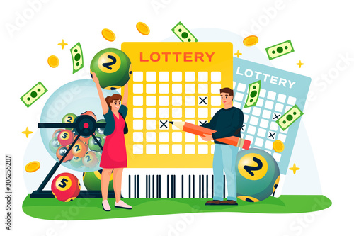 Couple win money in bingo lottery. Vector illustration, isolated on white background. Casino or gambling games concept