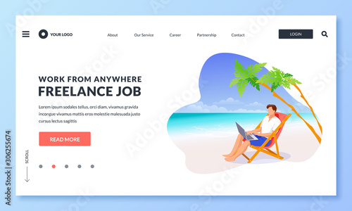 Freelancer entrepreneur works on laptop on beach. Vector illustration. Online work on vacation and freelance concept