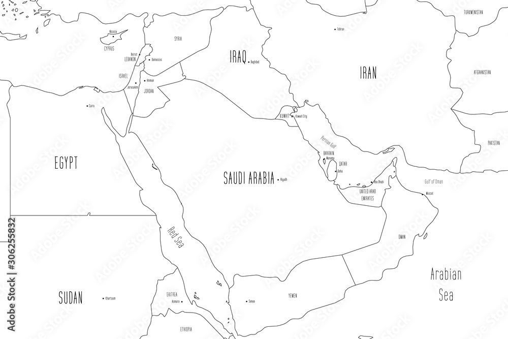 Map of Arabian Peninsula. Handdrawn doodle style. Vector illustration