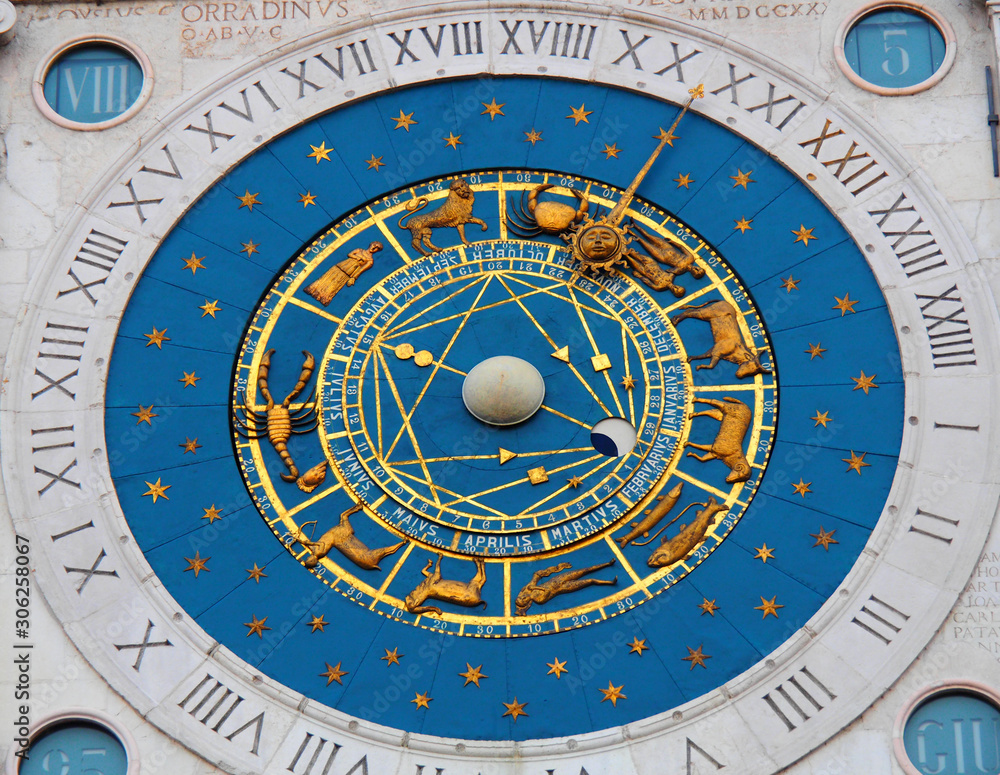 View of the Padua Astronomical Clock (Torre dell'Orologio) in Padua, Italy. It is located in the Piazza dei Signori.