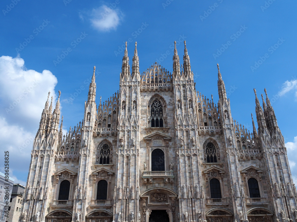 View of the exterior of the Milan Cathedral (Duomo di Milano) in Milan, Italy. It is dedicated to the Nativity of St Mary (Santa Maria Nascente).