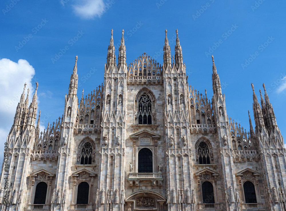 View of the exterior of the Milan Cathedral (Duomo di Milano) in Milan, Italy. It is dedicated to the Nativity of St Mary (Santa Maria Nascente).