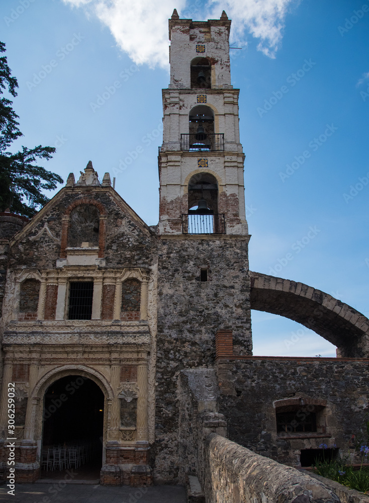 Facade Of Parish of Our Lady of Loreto, inside the Hacienda of Santa María Regla, in Huasca Mexican Town 