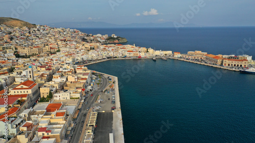 Fototapeta Naklejka Na Ścianę i Meble -  Aerial drone photo of picturesque port of Syros or Siros island main town of Ermoupolis, Cyclades, Greece