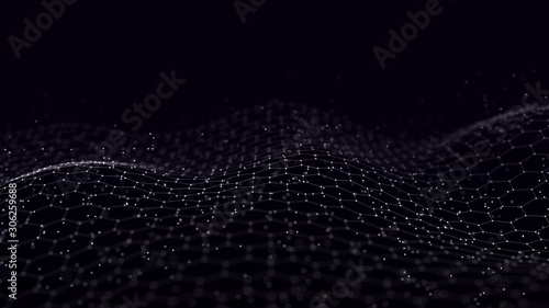 Wave with the connection of points and lines on a polygonal dark background. Futuristic abstract mesh. © Olena
