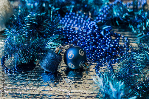 Christmas blue toys for Christmas tree, balls, stars. photo