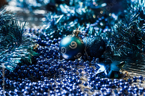 Christmas blue toys for Christmas tree, balls, stars.