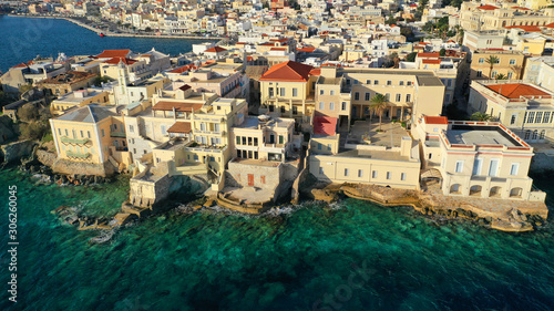 Aerial drone photo of pictruesque district built by the sea of Vaporia in main town of Syros or Siros island Ermoupolis near famous church of Agios Nikolaos  Cyclades  Greece