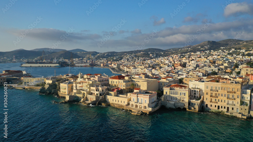 Aerial drone photo of pictruesque district built by the sea of Vaporia in main town of Syros or Siros island Ermoupolis near famous church of Agios Nikolaos, Cyclades, Greece Aerial drone photo of pictruesque district built by the sea of Vaporia in main town of Syros or Siros island Ermoupolis near famous church of Agios Nikolaos, Cyclades, Greece