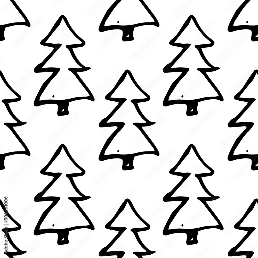 Minimalist baby seamless pattern with black fir-trees. Scandinavian style illustration background for nursery in nordic style on white background. Minimalist baby seamless pattern with black fir-trees. Scandinavian style illustration background for nursery in nordic style on white background.