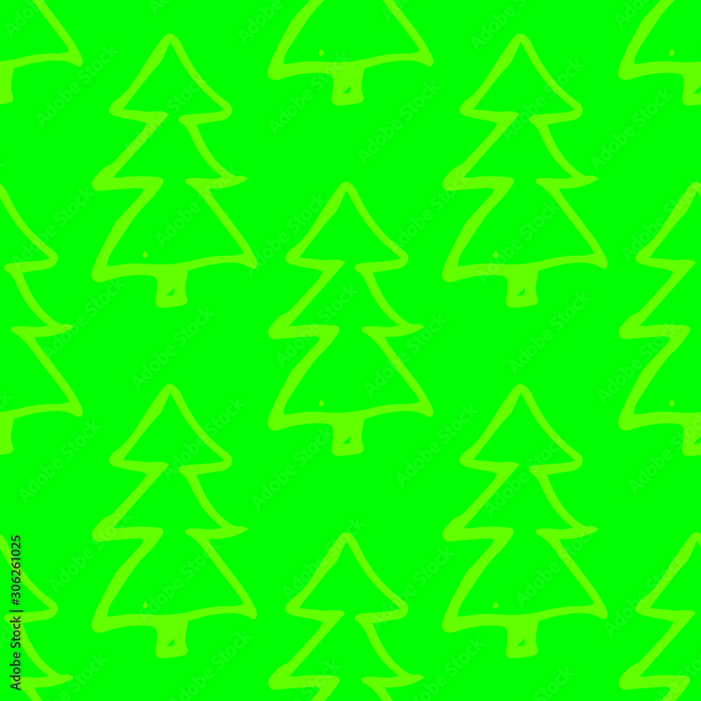 Obraz premium Minimalist baby seamless pattern with yellow fir-trees. Scandinavian style illustration background for nursery in nordic style on green background. 