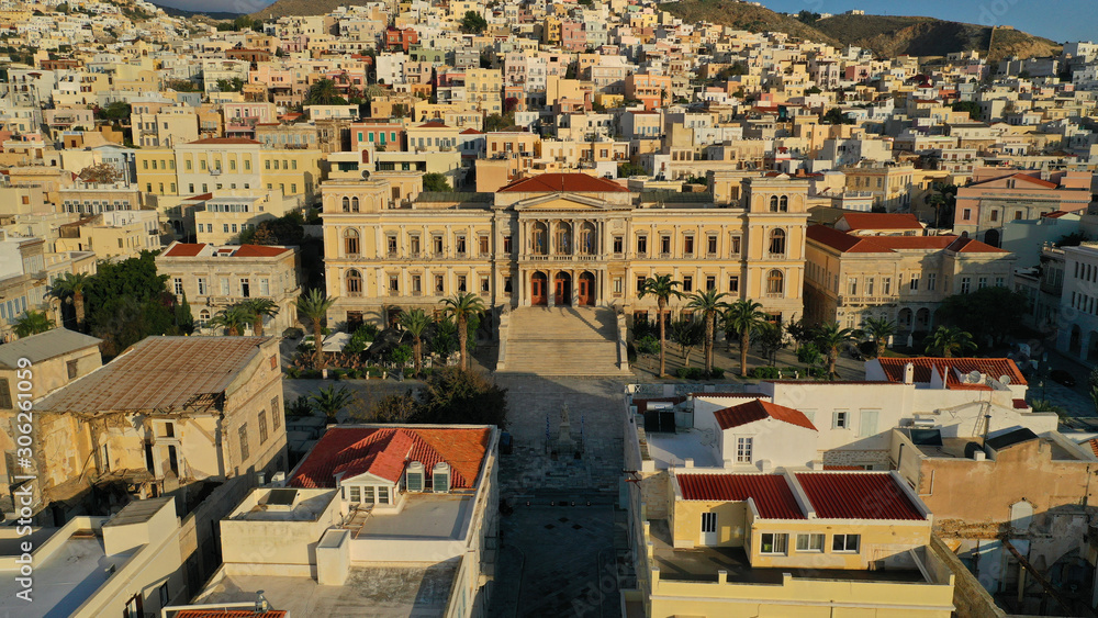 Aerial drone photo of iconic landmark neoclassical city hall building in main town of Syros or Siros island - Miaouli square, Ermoupolis, Cyclades, Greece