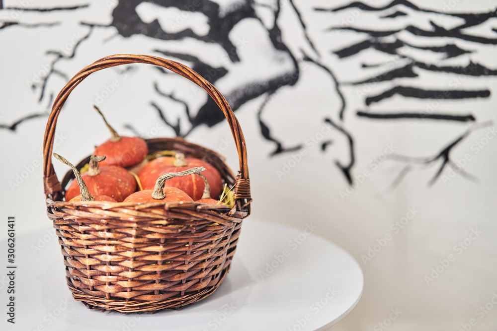 Basket with pumpkins on a white background Basket with pumpkins on a white background