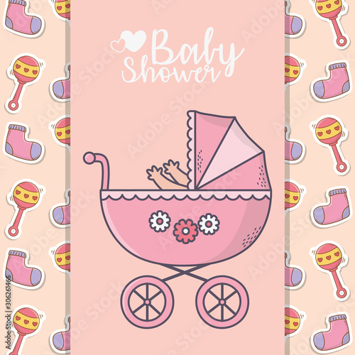 baby shower pink pram with socks and rattle background banner