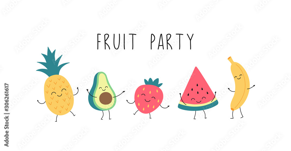 Fototapeta Cartoon funny fruit party with dancing banana, watermelon, pineapple, avocado, strawberries. Vector isolated illustration on a white background.