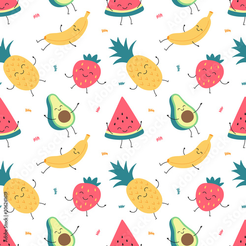 Cartoon seamless pattern of funny fruits, banana, watermelon, pineapple, avocado, strawberries. Vector colorful print for packaging, fabric, wallpaper, textile.