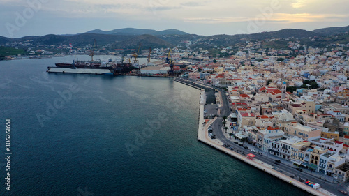 Aerial drone photo of picturesque port of Syros or Siros island main town of Ermoupolis, Cyclades, Greece