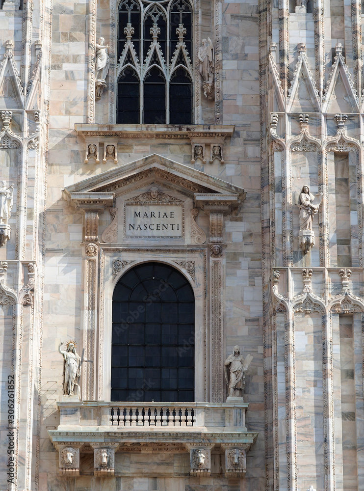 Detail of the exterior of the Milan Cathedral (Duomo di Milano) in Milan, Italy. It is dedicated to the Nativity of St Mary (Santa Maria Nascente).