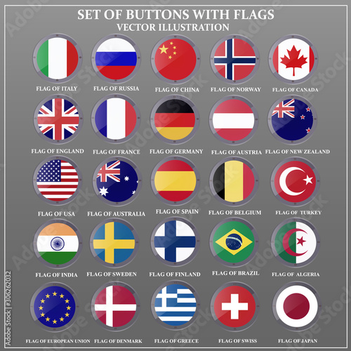 Bright transparent set of banners with flags. Colorful illustration with flags of the world for web design. Glass buttons with flags. Illustration with black textured background.