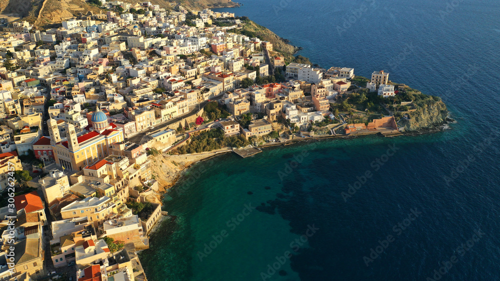 Aerial drone photo of picturesque port of Syros or Siros island main town of Ermoupolis, Cyclades, Greece