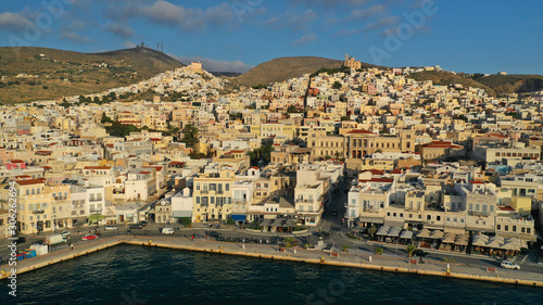 Fototapeta Naklejka Na Ścianę i Meble -  Aerial drone photo of picturesque port of Syros or Siros island main town of Ermoupolis, Cyclades, Greece