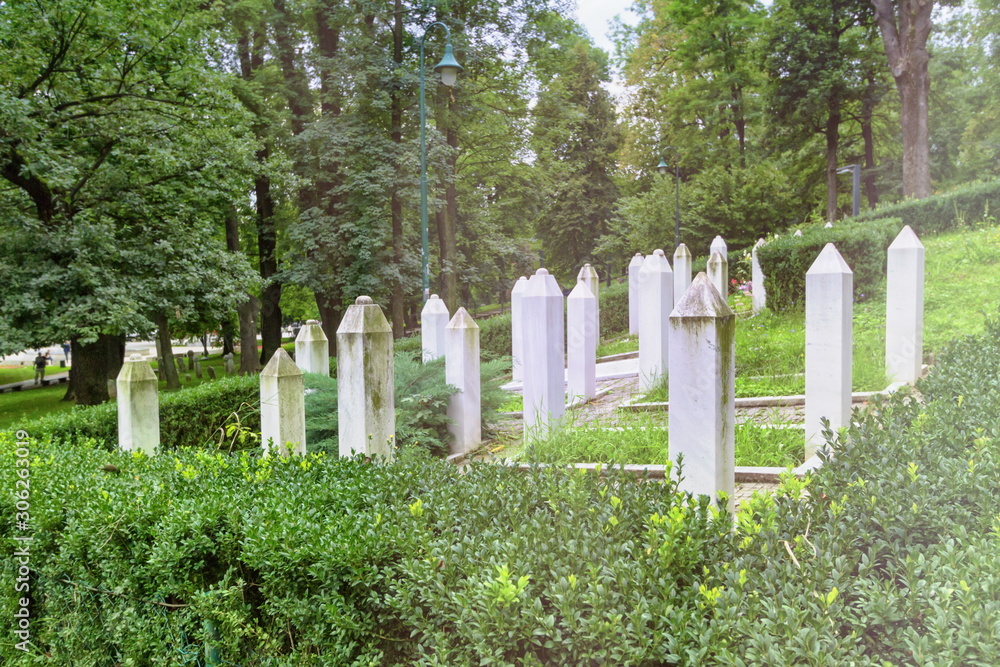 Muslim war graves in a garden in Sarajevo, Bosnia-Herzegovina