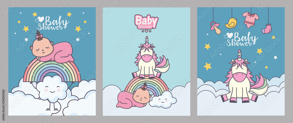 Fototapeta premium baby shower girl unicorn rainbow banners decoration