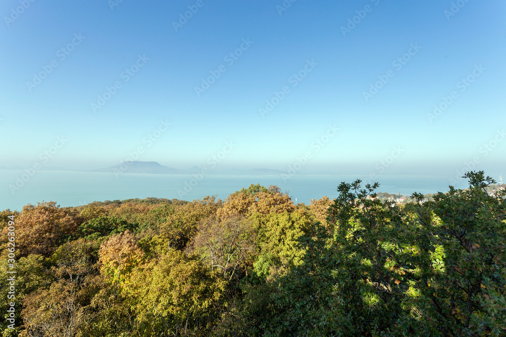View of the foggy Balaton from the lookout tower of Fonyod