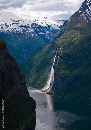 Fototapeta Naklejka Na Ścianę i Meble -  Aerial view of Seven sisters waterfall at Geirangerfjord, Norway