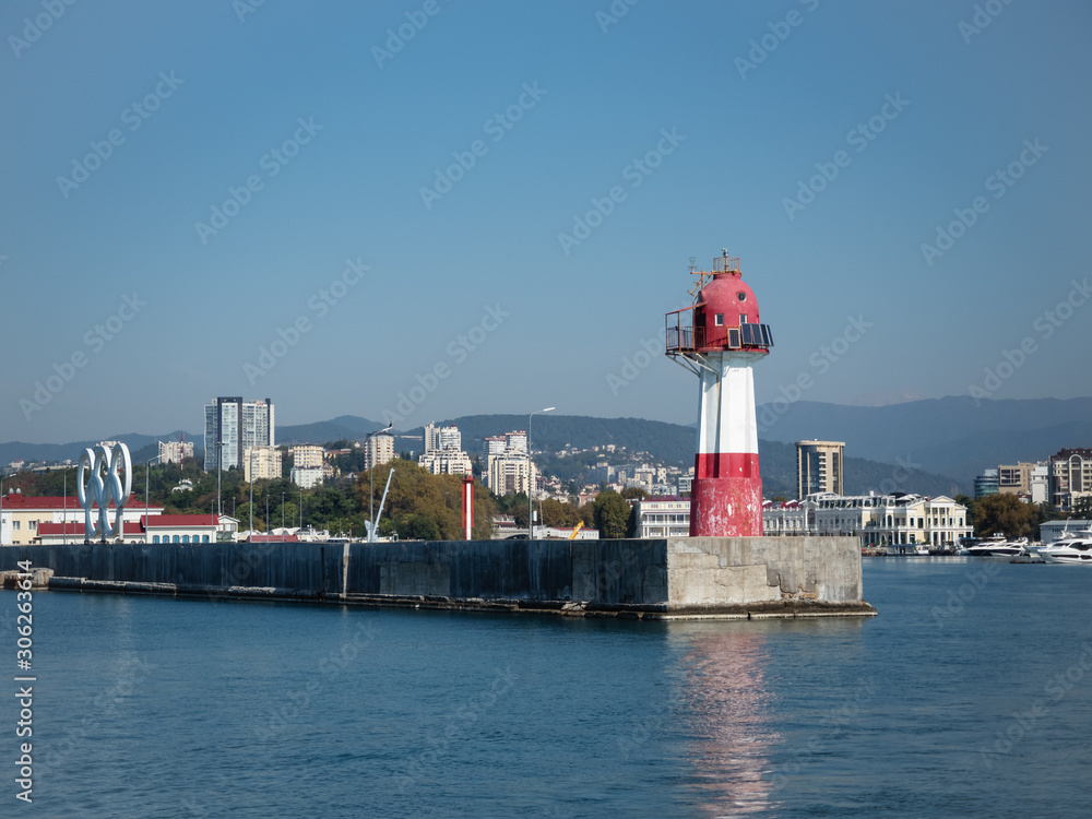 Red lighthouse with birds on a pier in the sea
