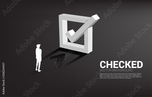 Silhouette businessman standing with 3D checkbox. concept for election vote theme background.