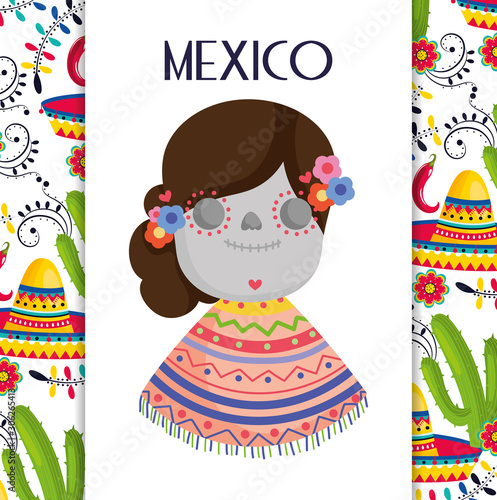 catrina with poncho hat cactus flowers mexico traditional event decoration card