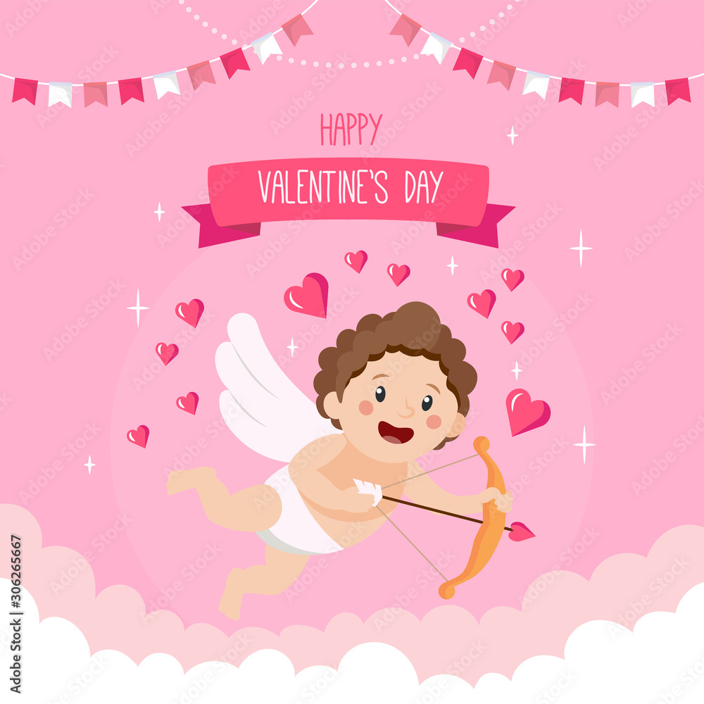Happy valentines day concept. Cute catrtoon cupid with bow and arrow on pink background. Happy valentines day concept. Cute catrtoon cupid with bow and arrow on pink background.