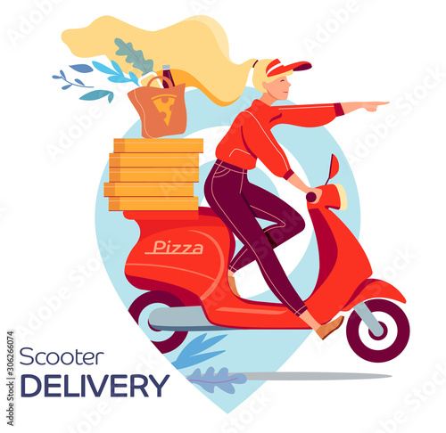 Pizza delivery. Young woman on a scooter delivers pizza to order. Fast food delivery service. Flat vector illustration