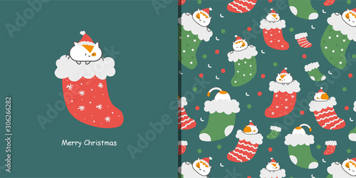 Seamless Christmas pattern with cute cartoon cats in socks, merry christmas and happy new year of the mouse 2020