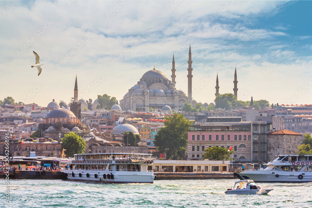 Fototapeta premium Letni krajobraz miasta - widok na promenadę Stambułu i historyczną dzielnicę Fatih w Turcji