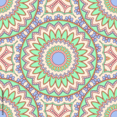 Decorative colorful ethnic seamless pattern for fabric or wrapping in oriental style. Hand drawn illustration