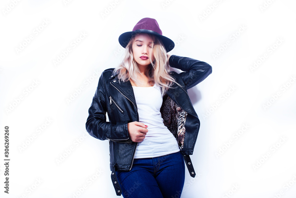 young pretty blond girl hipster in hat posing smiling happy isolated on white background, lifestyle people concept young pretty blond girl hipster in hat posing smiling happy isolated on white background, lifestyle people concept