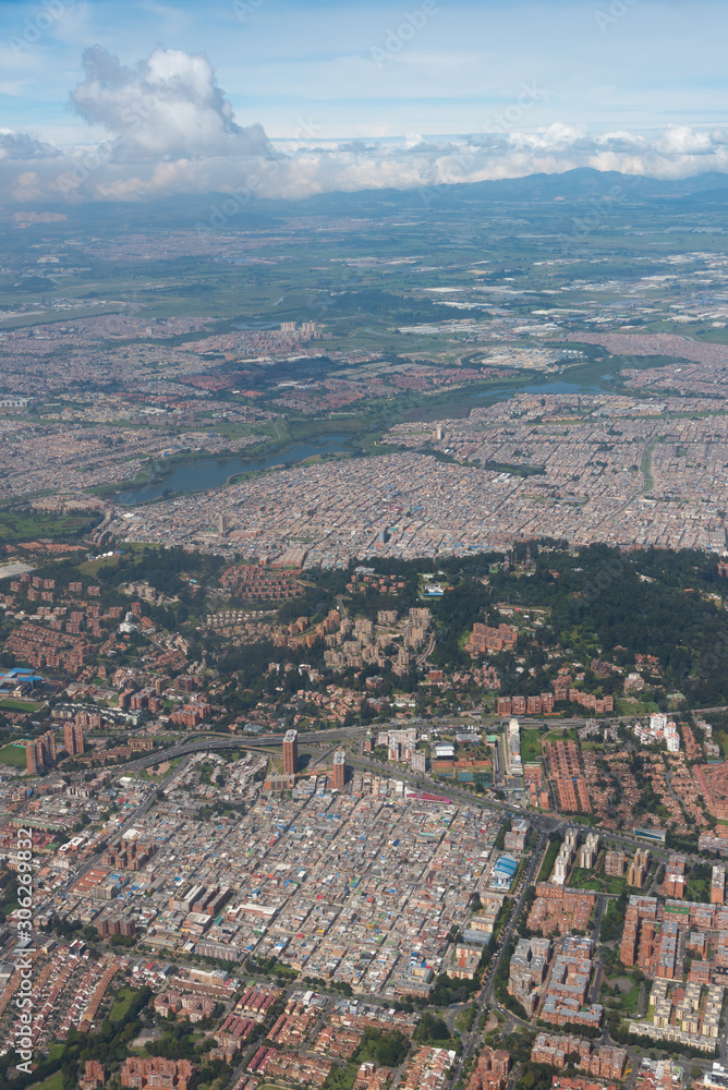 Aerial view of housing and commercial neighborhoods in the Sabana de Bogota. Colombia.