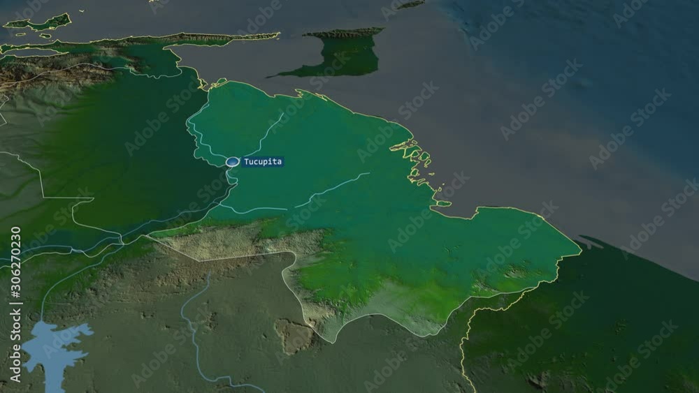 Delta Amacuro - state of Venezuela with its capital zoomed on the physical map of the globe. Animation 3D Delta Amacuro - state of Venezuela with its capital zoomed on the physical map of the globe. Animation 3D