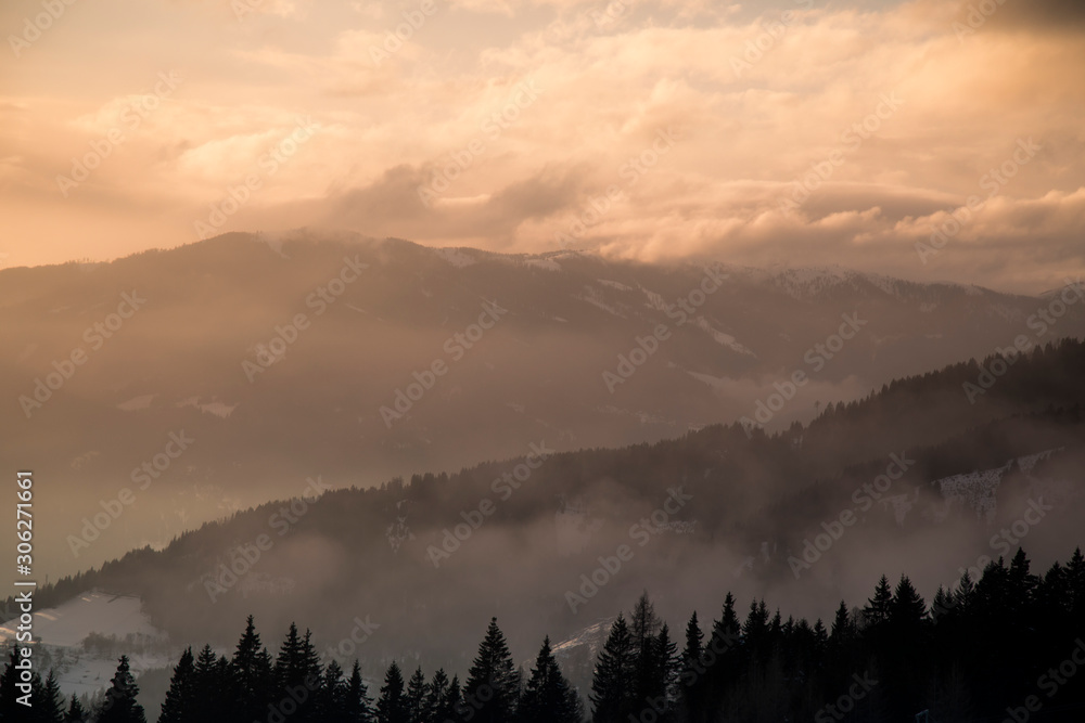 Obraz premium Mountains, winter landscape, Sunset background