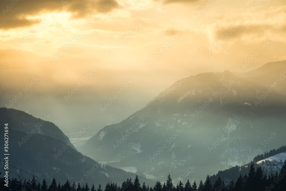 Obraz premium Mountains, winter landscape, Sunset background