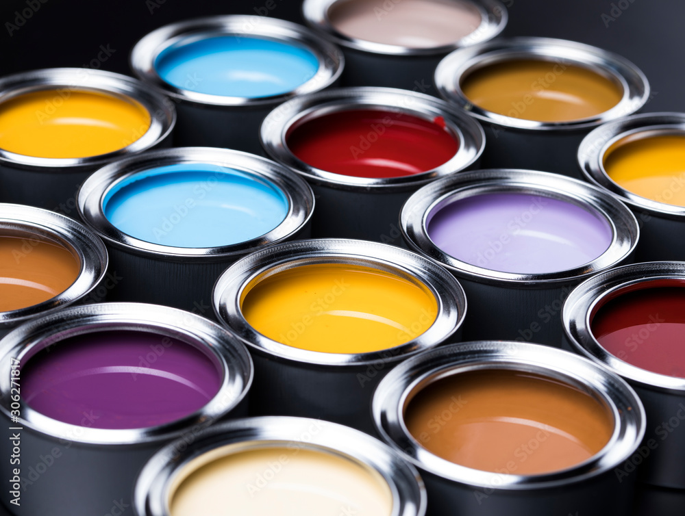 Fototapeta premium Rainbow colors, Group of tin metal cans